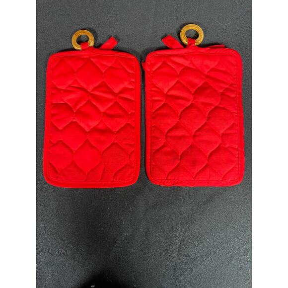 Pair of Vintage Christmas Pot Holders, Owls Caroling, Wooden Rings, Red Bow - Picture 2 of 4